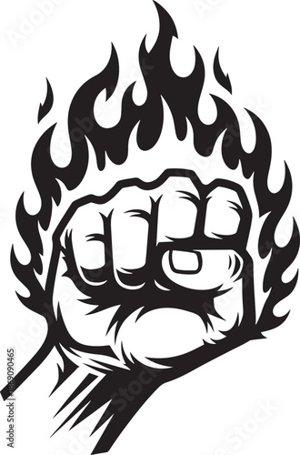 Clenched fist icon surrounded by burning flames for power concept