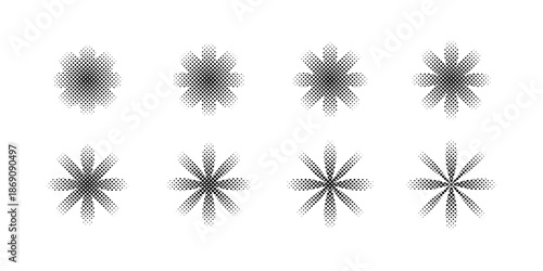 Set of halftone dots gradient pattern texture forming flower shape with straight dotted spots using halftone circle dot elements for creative design layouts