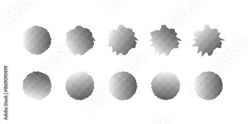 Set of halftone irregular shapes illustration featuring abstract dotted forms for expressive modern graphic design layouts posters and creative digital compositions