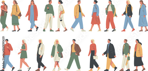 Diverse people walking in city, flat illustration, modern urban lifestyle characters, casual fashion, teamwork community concept, vector design background set