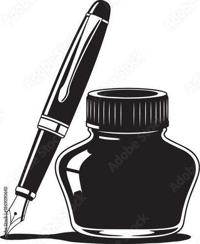 Elegant fountain pen with glass inkwell isolated on grey background