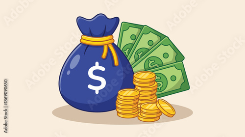 Illustration of a blue money bag with dollar sign, stacked cash, and coins representing wealth, savings, and financial growth