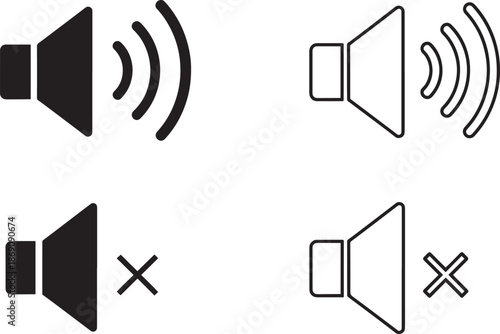 Speaker volume and mute audio icons set in solid and outline styles