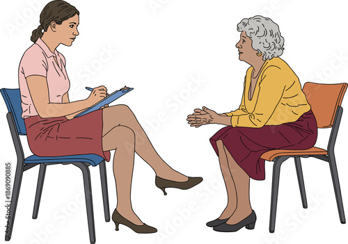 Female counselor talking with senior woman during therapy session, supportive conversation, mental health consultation, counseling interview in clinic setting background