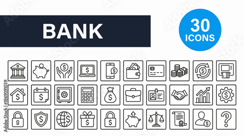 Collection of 30 outline banking and finance icons for UI design and fintech apps