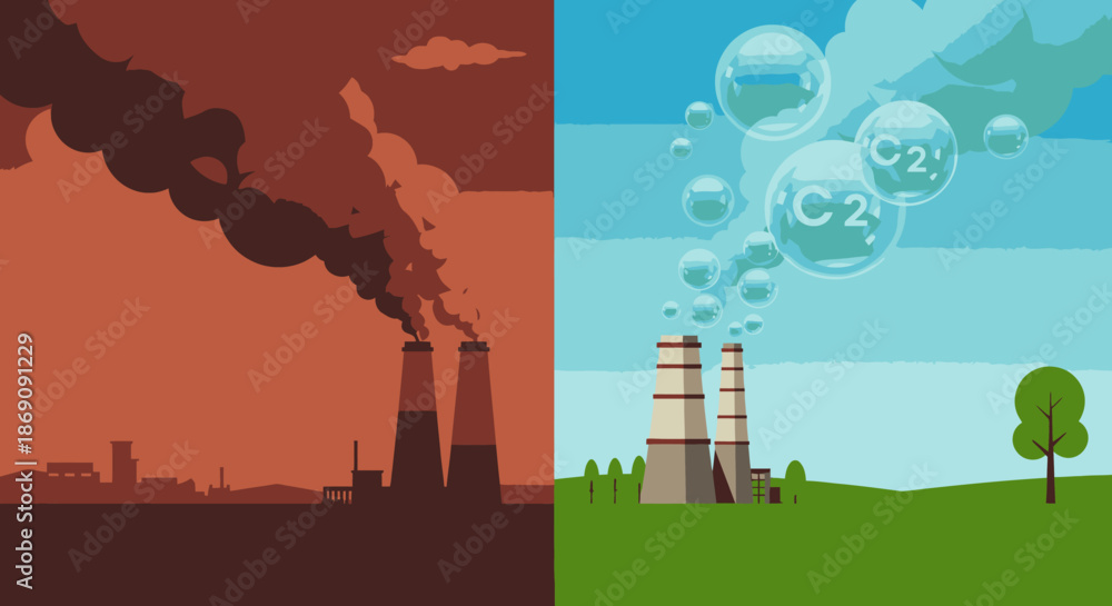 Obraz premium A stark visual comparison illustrating the critical difference between industrial pollution and sustainable, clean energy solutions, highlighting environmental impact.