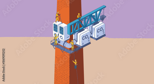 Engineers are shown operating an advanced carbon capture and storage facility, representing a critical technological solution for climate change mitigation.