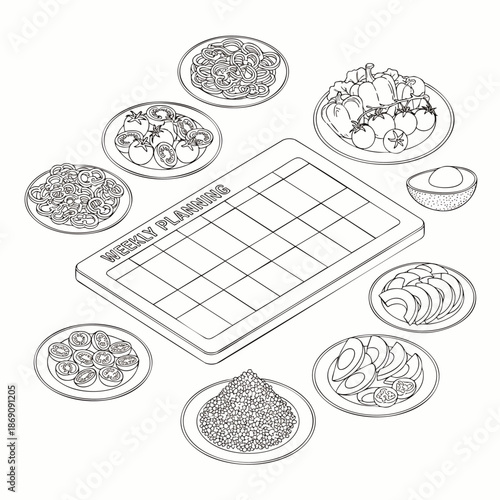 Isometric line art illustration of a weekly meal planning calendar surrounded by various healthy food dishes, symbolizing diet organization and food preparation for a balanced week.
