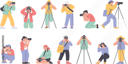 Group of photographers taking pictures, creative people with cameras, professional photography hobby, diverse characters shooting outdoors, modern flat illustration design