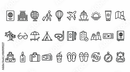 Comprehensive black line vector icon set featuring travel, business, technology, finance, and everyday concepts in a clean outline style.