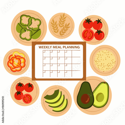 Healthy Weekly Meal Planning Concept Vector Illustration with Fresh Vegetables, Fruits, and Grains for Balanced Diet and Nutrition Management.