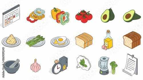 Isometric vector icons of healthy food and cooking essentials. Fresh ingredients, kitchen tools, and meal preparation elements for diet and nutrition.