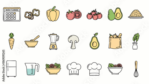 Colorful set of flat line icons illustrating healthy food, fresh vegetables, kitchen utensils, and meal preparation for cooking and a balanced lifestyle.