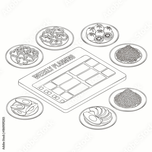 Isometric outline illustration of a weekly meal planning board surrounded by various healthy food plates, symbolizing diet, nutrition, and lifestyle management.
