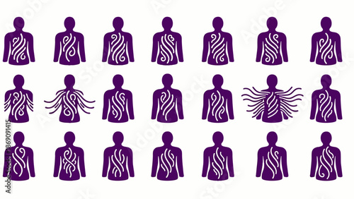 Artistic representation of human torsos with various abstract white swirling and branching patterns, depicting internal energy, consciousness, or biological complexity.