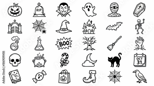 Whimsical Halloween icon set with hand-drawn ghosts, skulls, witches, potions, pumpkins and spooky symbols for graphic design, crafts, stickers and creative projects.