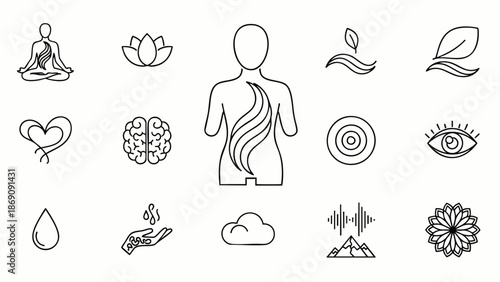 Collection of line art icons representing holistic wellness, mindfulness, meditation, yoga, and spiritual well-being, perfect for health and lifestyle designs.