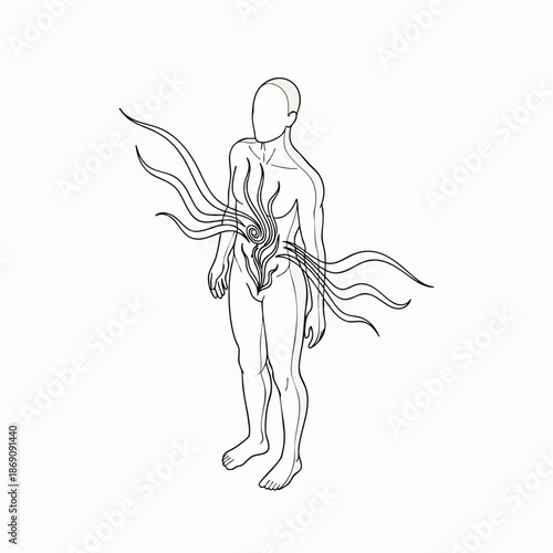Minimalist black and white illustration of a human body with abstract organic shapes emanating from the core, representing emotional complexity and internal energy.