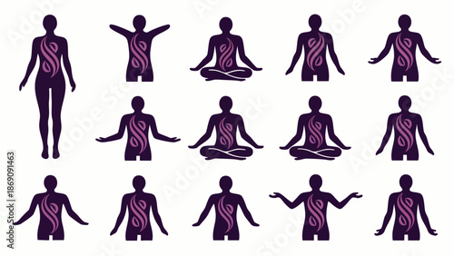 Collection of stylized human figures in diverse yoga and meditation poses, representing inner peace, mindfulness, and spiritual harmony.