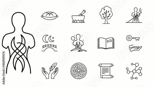 Diverse set of black and white line icons depicting concepts of holistic health, spiritual journey, natural healing, knowledge, and inner peace, isolated on white.