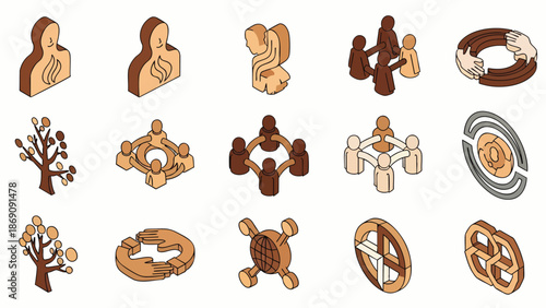 Collection of isometric vector icons representing community, connection, networking, social issues, growth, and sustainability. Earthy tones for modern design.