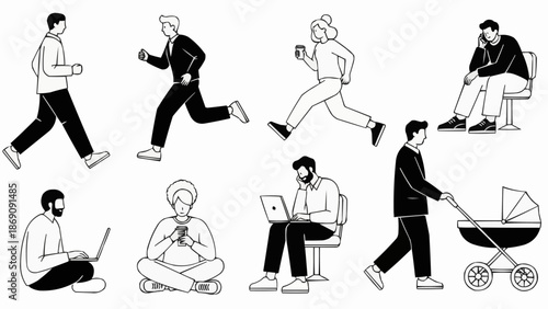 Collection of diverse people engaged in various daily activities and hobbies.