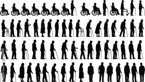 Elderly, people, silhouettes, walking, canes, wheelchairs, aging, seniors, healthcare, mobility, assistance, disability, support, lifestyle, society, population, illustration, concept, set