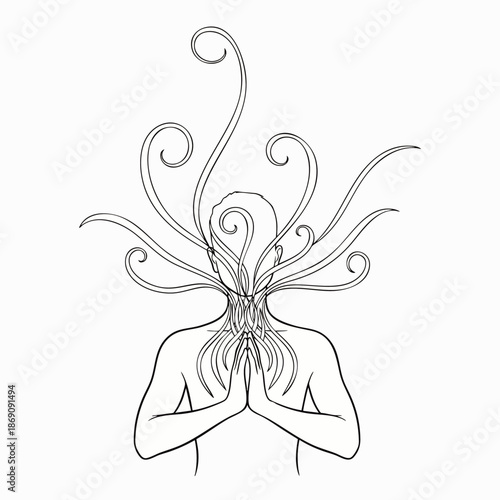Abstract line art of a person in a meditative pose with intricate swirling organic forms emanating from their head, symbolizing complex inner thoughts and spiritual growth.