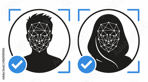 Abstract biometric identity concept featuring wireframe head models and digital verification icons for facial recognition and AI.