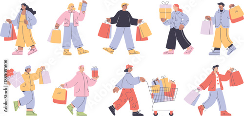 Happy shoppers illustration, people carrying shopping bags, gift purchases, retail sale season, consumer lifestyle, holiday shopping characters set collection scene
