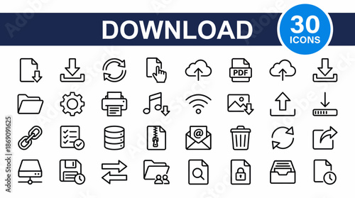 Set of 30 minimalist line icons for download and file actions, including cloud download, arrows, documents, and storage symbols on a white background.