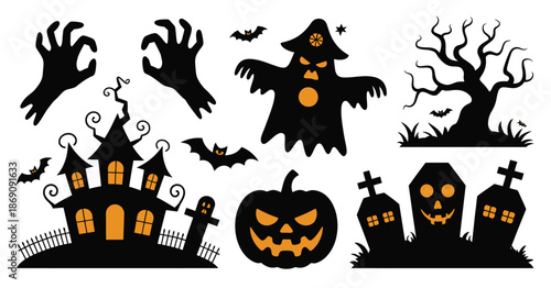 Halloween elements collection with haunted house and ghost