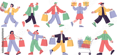 Happy shoppers illustration, people carrying shopping bags, gift purchases, retail sale season, consumer lifestyle, holiday shopping characters set collection scene