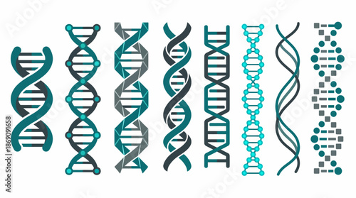 Set of stylized DNA double helix icons in teal and gray, representing genetics, genomics, molecular biology, and biotech concepts.