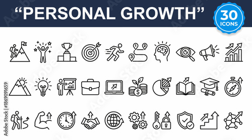 Icons depicting personal growth, self-improvement, productivity, learning, health, career, finance, and goal setting for motivation and lifestyle development.