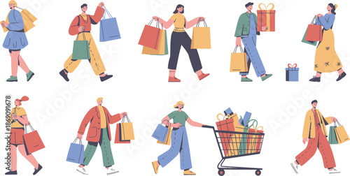 Happy shoppers illustration, people carrying shopping bags, gift purchases, retail sale season, consumer lifestyle, holiday shopping characters set collection scene