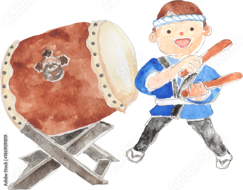 和太鼓をたたく子どものイラスト　ベクター