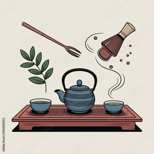 Serene tea setup with tea kettle and whisk