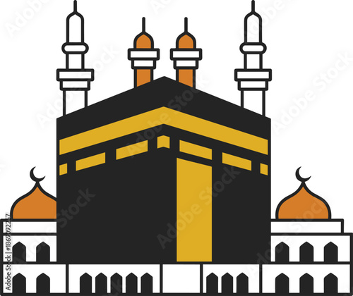 Islamic Kaaba illustration, holy mosque architecture, pilgrimage symbol, Mecca landmark vector, religious culture design, Hajj Umrah artwork, minimal line style