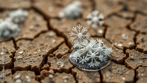 geophysics. Macro view of a single, delicate snowflake melting on dry, cracked earth, symbolizing climate fragility. ESG reports.