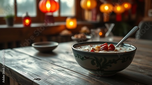 laba. Steaming bowl of Laba porridge with dates and nuts on wooden table. menu design, packaging mockups, designed for culinary blogs and recipe cards for restaurants, supports restaurant marketing.