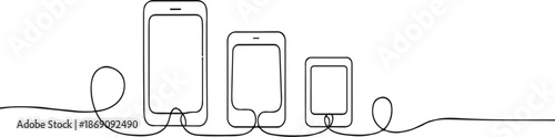 Continuous Line Drawing of Multiple Mobile Phones Connected Vector Graphic Illustration for Technology and Communication