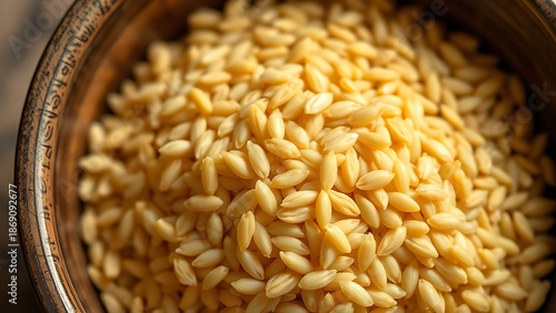 kamut. Close-up of a bowl containing cooked grains, highlighting their elongated shape. menu design, packaging mockups, designed for culinary blogs and recipe cards for restaurants.