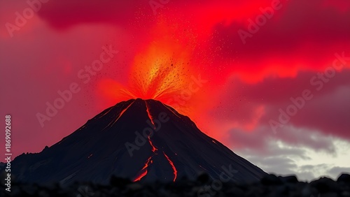 capitulating. Volcanic eruption launching rocks into a dark red sky, dramatic natural scene. travel magazines, destination branding, designed for travel destination branding, used by store managers.