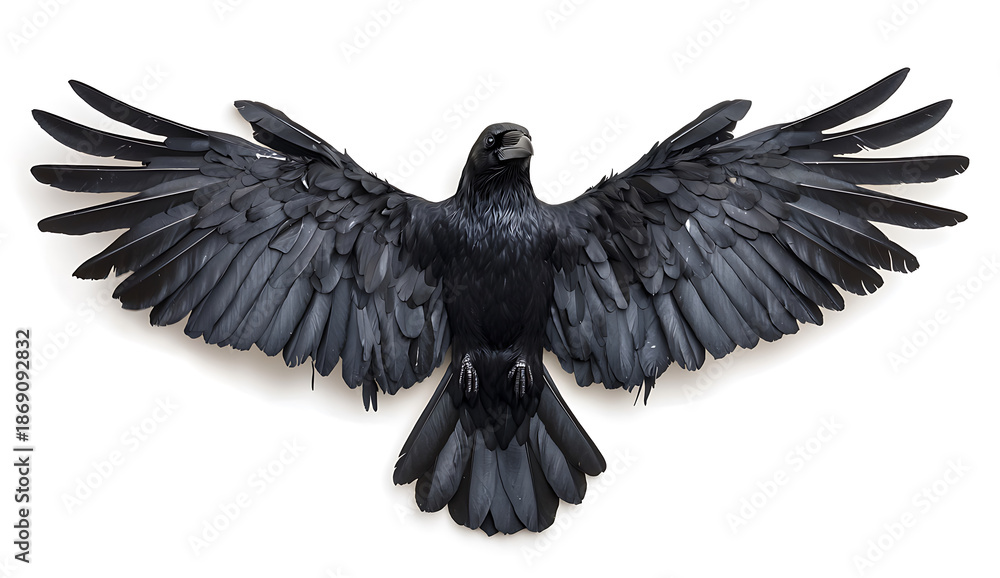 Obraz premium Majestic black raven with spread wings, showcasing intricate feather details against clean white background, evokes sense of mystery and elegance