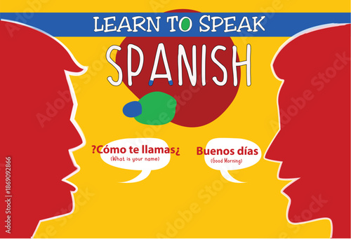 Learn to Speak Spanish concept. Two figure heads communicate to each other. Editable Clip Art.