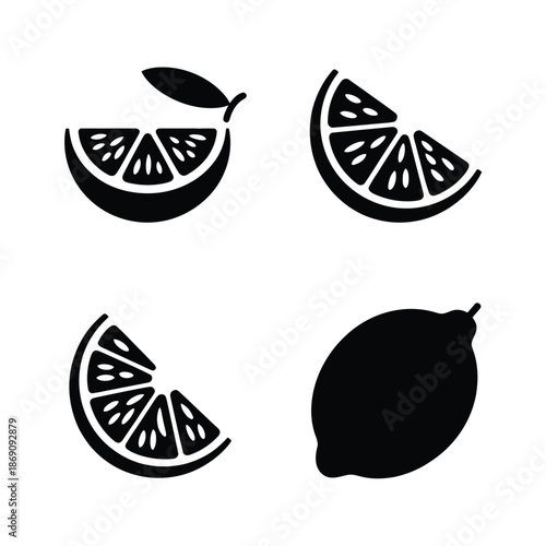 Black silhouette of lemon and lemon slices on white background