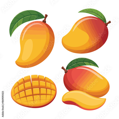 Vibrant mango illustrations with leaves and slices