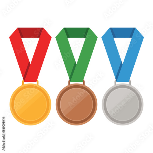 Three medals hanging from ribbons