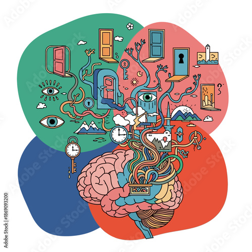 Surreal Human Brain Illustration Representing Cognitive Processes, Creativity, and Doors of Perception